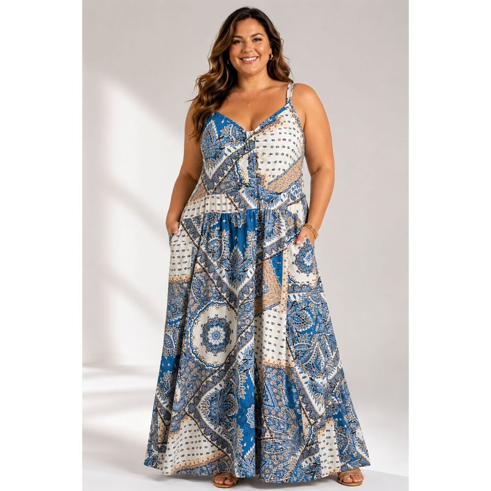 Bandana Print Blue Paisley Patchwork Cami Max Dress  w pockets size 18-20